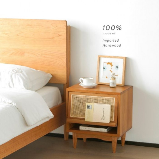 wood and rattan bedside table